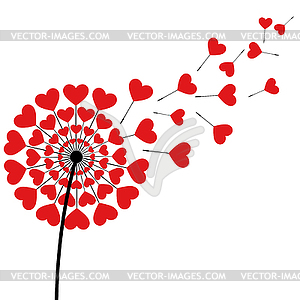 Dandelion fluff red heart shaped - vector image