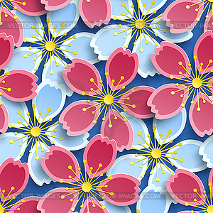 Modern seamless pattern with blue and pink sakura - vector image