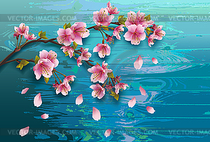 Background wooden texture with branch of sakura - vector clipart