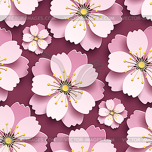 Beautiful seamless pattern with pink cherry blossom - color vector clipart