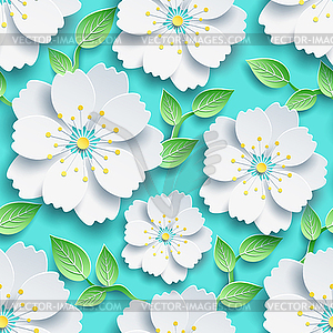 Seamless pattern with white sakura and green leaves - vector clipart