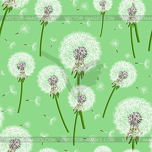 Green seamless background with dandelion blowing - vector clip art