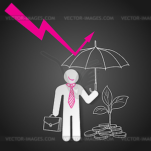 Бизнесмен Холдинг зонтик защитить график вниз - клипарт в векторном формате
