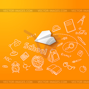 Paper plane and school doodle background - vector clip art