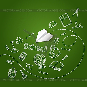 Paper plane and school doodle background - vector clipart