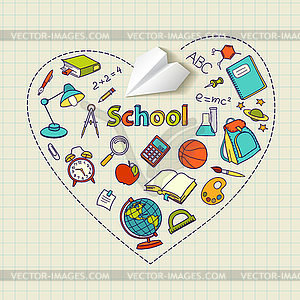 Paper plane and school doodle heart-shaped - vector clipart