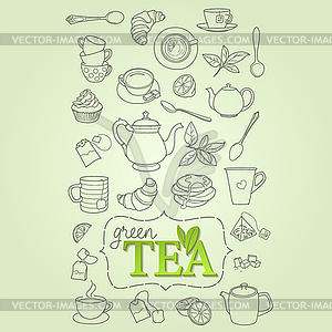 Green tea doodle concept - color vector clipart