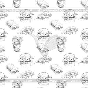 Fast food pattern. Burger, pizza, french fries - royalty-free vector clipart