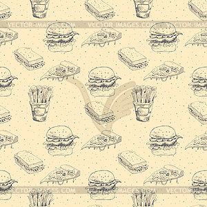 Fast food pattern. Burger, pizza, french fries - vector image