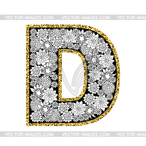 Floral alphabet design. Gold glittering contour. - vector clip art