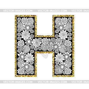 Floral alphabet design. Gold glittering contour. - vector clipart