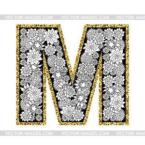 Floral alphabet design. Gold glittering contour. - vector clipart