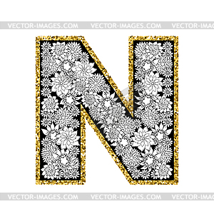 Floral alphabet design. Gold glittering contour. - color vector clipart