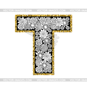 Floral alphabet design. Gold glittering contour. - vector clip art