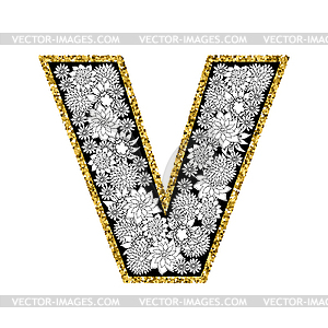 Floral alphabet design. Gold glittering contour. - royalty-free vector clipart