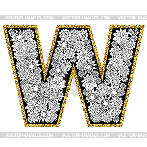 Floral alphabet design. Gold glittering contour. - vector image