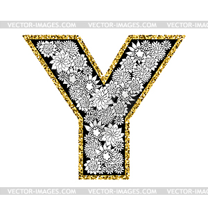 Floral alphabet design. Gold glittering contour. - vector image