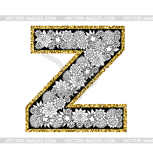 Floral alphabet design. Gold glittering contour. - vector clipart