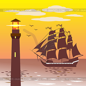 Lighthouse silhouette against sky and sea - vector image