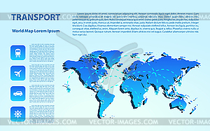 World map with different marks and transport. Desig - vector clipart