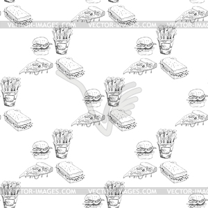 Fast food pattern. Burger, pizza, french fries - vector clipart