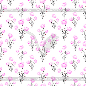 Seamless pattern with purple flowers, branches of - vector clipart