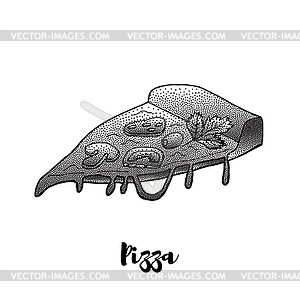 Slice of hand-drawn appetizing pizza. Doodle pizza - vector image