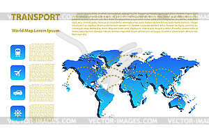 World map with different marks and transport. Desig - vector clipart