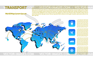 Карта мира с различными марками и транспорта. Desig - иллюстрация в векторном формате