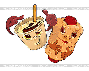 Coffee and bun with sausage - vector image