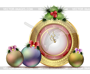 New Year clock with toys and Christmas trees  - vector clipart