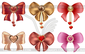 Multicolored bows with hearts and pearl jewelry - vector image
