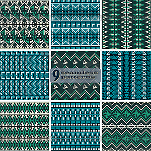 Set of seamless geometric patterns in blue and gree - vector EPS clipart