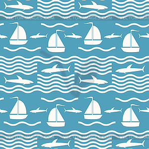 Seamless blue and white sea pattern with sharks - vector clip art