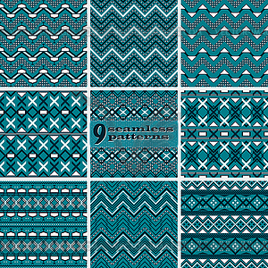 Set of blue and white seamless geometric patterns - vector image