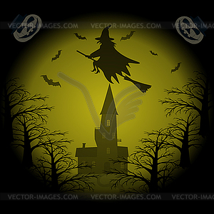 Halloween Night background with witch flying on - vector clipart