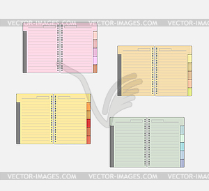 Open spiral notebook with color pages and tab - vector clipart