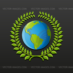 Eco symbol with earth and wreath of leaves - vector image