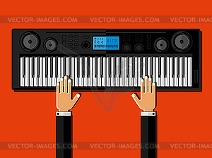 Руки играют синтезатор. Плоская форма - цветной векторный клипарт