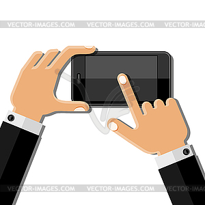 Руки держат мобильный телефон. Плоская форма - векторное графическое изображение