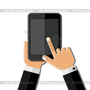 Hands holding mobile phone. Flat design - color vector clipart