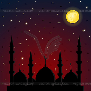 Night background with mosque silhouette - color vector clipart