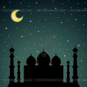 Night background with mosque silhouette - vector image