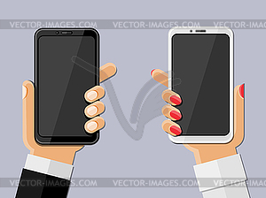 Hands holding smartphones - vector image