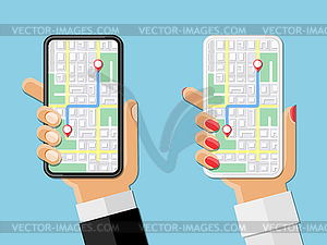 Народные руки держат телефоны. Мобильная навигация - векторизованный клипарт