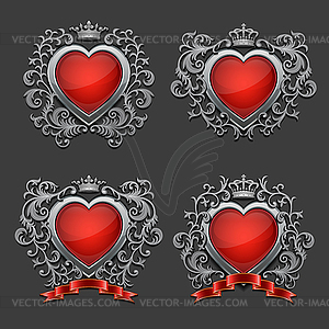 Set of silver hearts. Coat of arms - vector clipart