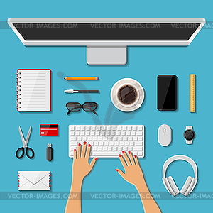 Top view of modern business office workplace - vector clipart / vector image