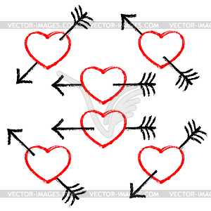 Красное текстурированное сердце Пирсинг Черная стрела - клипарт в векторе