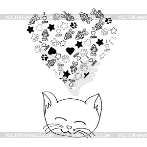 Cute cartoon cat dreaming - vector clipart / vector image