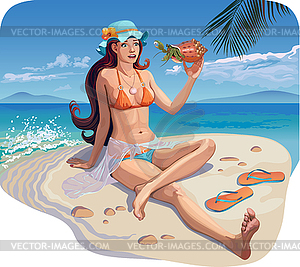 Красивая девушка на пляже - изображение в векторе / векторный клипарт